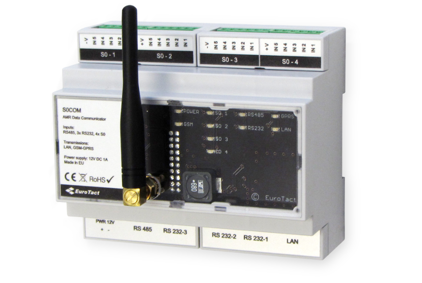 S0COM is an automatic meter reading solution designed to collect data from various kinds of electronic meters communicating via serial port (RS485, RS232) or impulse interface (S0).
